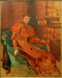 Lady in Red Dress on Green Chair